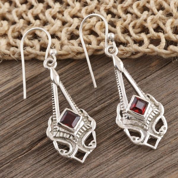 Alternate image for Square Faceted Garnet Sterling Silver Dangle Earrings Perfect Pendulum