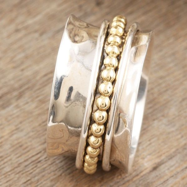 Alternate image for Sterling Silver and Brass Meditation Spinner Ring from India Dotted Path