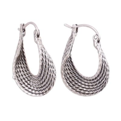 Alternate image for Unique Sterling Silver Hoop Earrings with Twist Design Turn Around