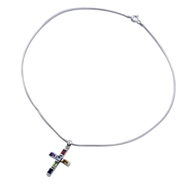 Alternate image for Handmade Multigem Cross Sterling Silver Religious Choker Kolkata Cross