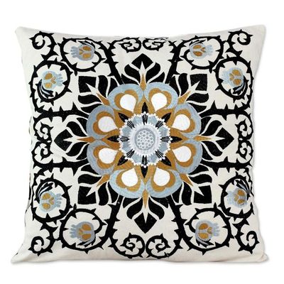 Alternate image for Embroidered Cotton Ecru Cushion Covers from India Pair Jaipur Blossom