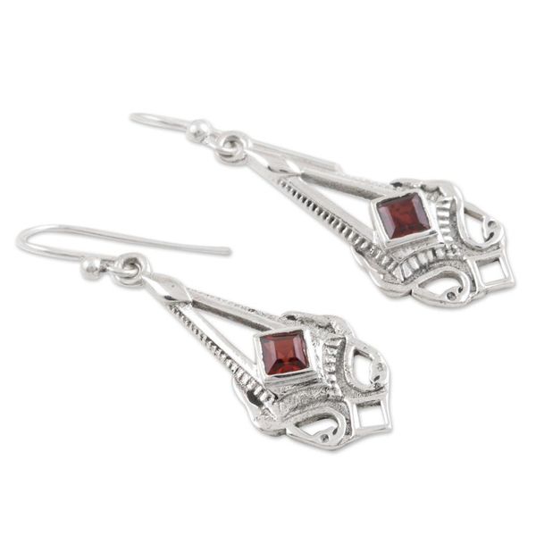 Alternate image for Square Faceted Garnet Sterling Silver Dangle Earrings Perfect Pendulum