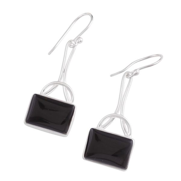 Alternate image for Black Onyx Rectangular Dangle Earrings from India Mystical Gaze in Black