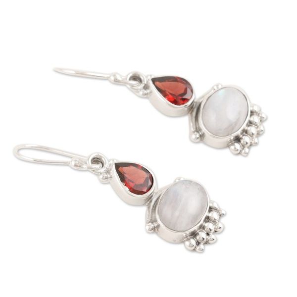 Alternate image for Rainbow Moonstone  Garnet Sterling Silver Dangle Earrings Dual Love