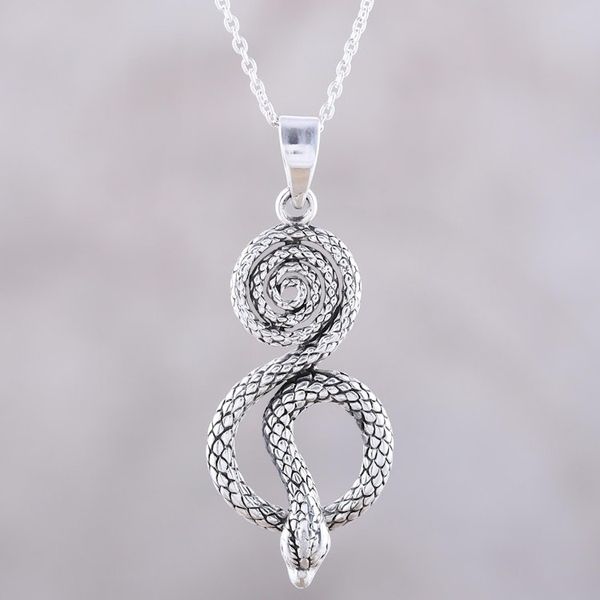 Alternate image for Serpentine Snake Sterling Silver Pendant Necklace from India Serpent Swirl