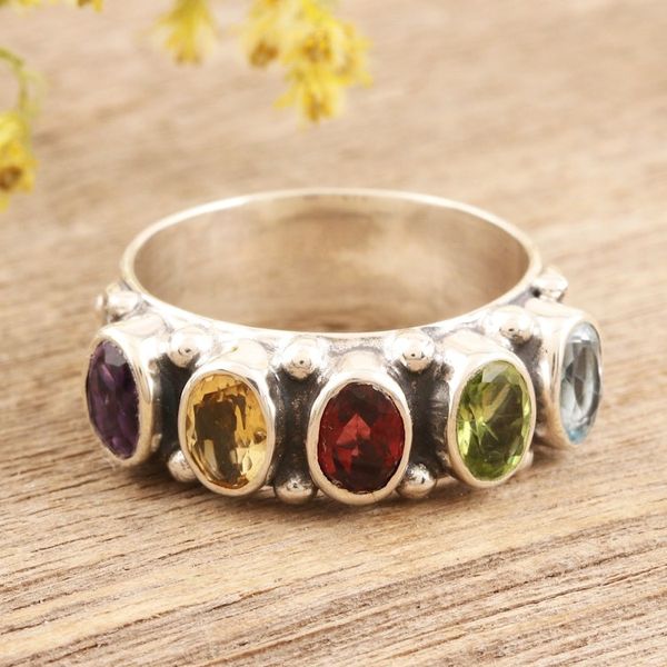 Alternate image for Faceted Multi Gemstone Sterling Silver Cocktail Ring Rainbow Beauty