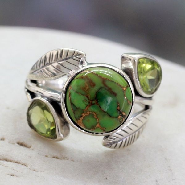 Alternate image for Handmade Peridot Ring with Composite Turquoise Green Ivy