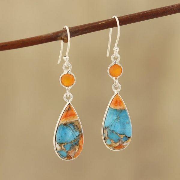 Alternate image for Carnelian and Composite Turquoise Dangle Earrings from India Teardrop Glamour