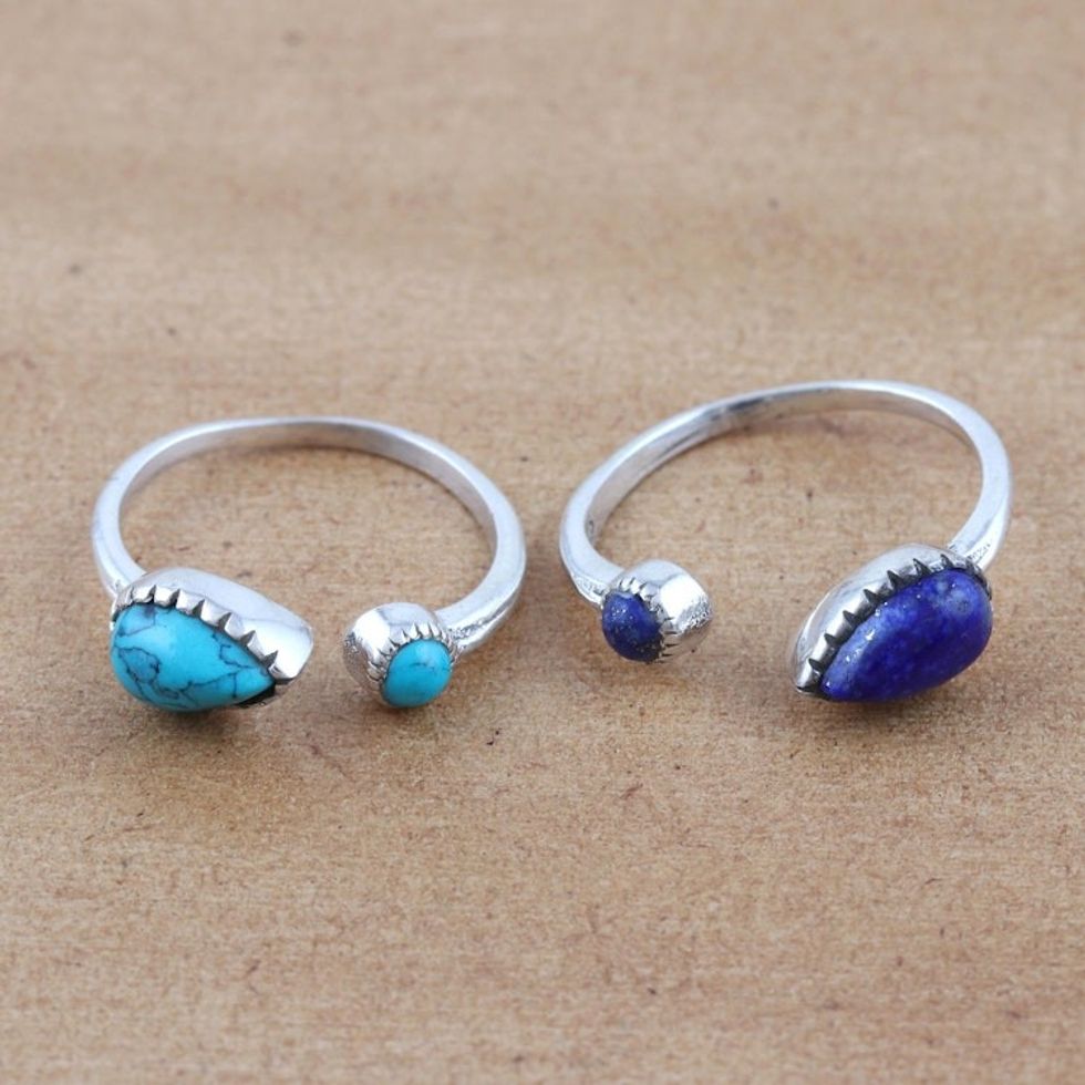 Sterling Silver and Gemstone Wrap Rings from India Pair 'Back in Blue'