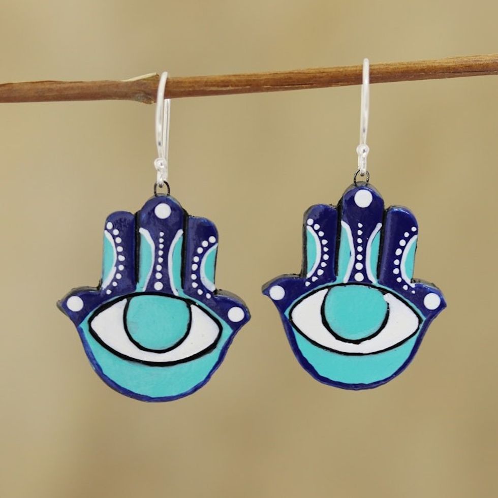 Hamsa Eye Ceramic Dangle Earrings from India 'Watchful Hamsa'