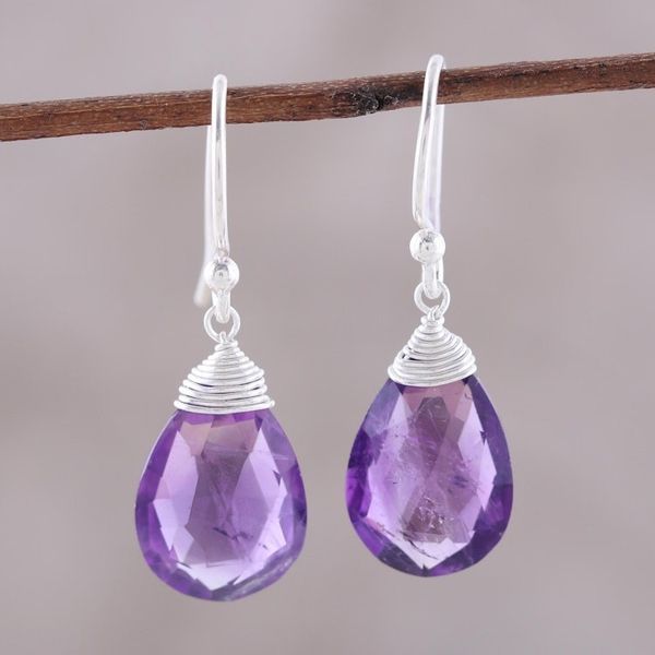 Alternate image for Faceted Amethyst Teardrop Sterling Silver Dangle Earrings Lavender Joy