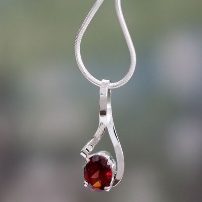 Alternate image for Handcrafted Indian Sterling Silver Pendant Garnet Necklace Love in a Ribbon