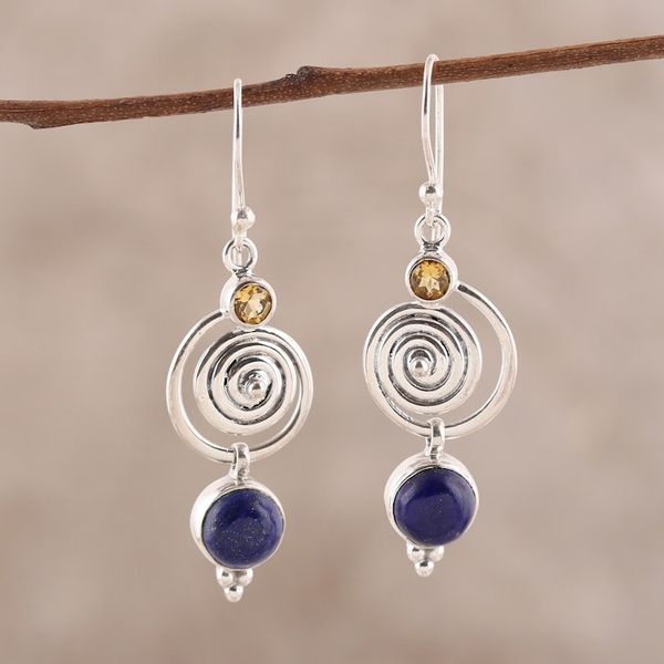Alternate image for Swirl Pattern Lapis Lazuli and Citrine Dangle Earrings Gemstone Swirl