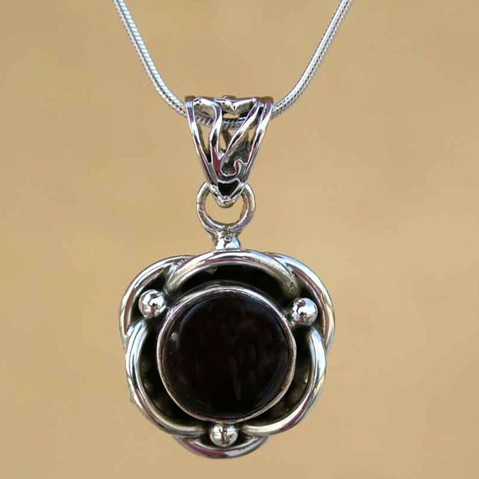 Onyx Pendant in Sterling Silver Necklace Flower Jewelry 'Black Rose'