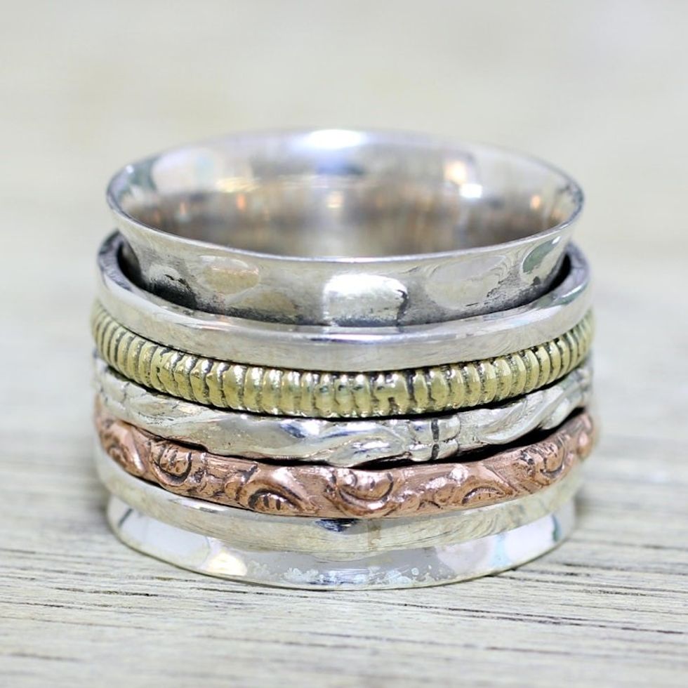 Sterling Silver Copper and Brass Textured Spinner Ring 'Five Senses'