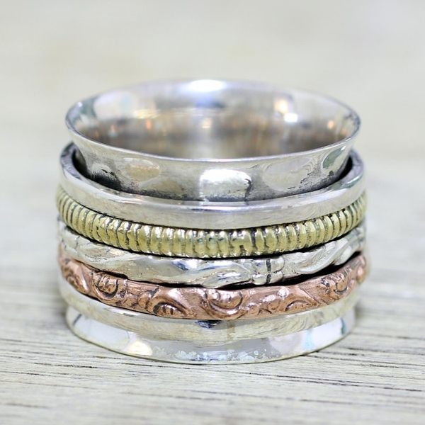 Alternate image for Sterling Silver Copper and Brass Textured Spinner Ring Five Senses