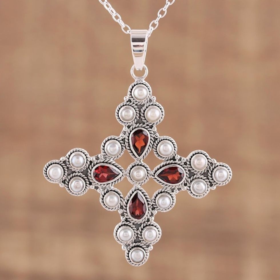 Garnet and Cultured Pearl Pendant Necklace from India 'Royal Cross'
