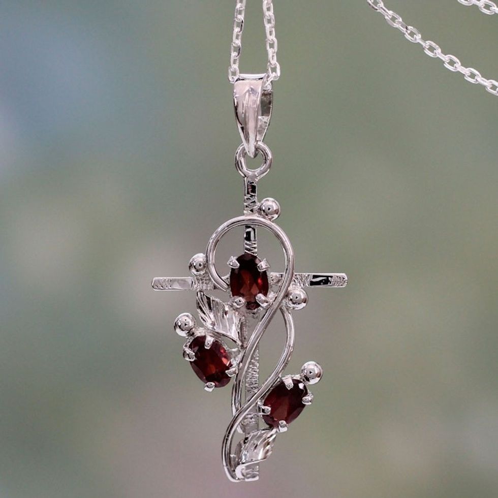 Garnet and Silver Cross Pendant Necklace from India 'Sacred Trinity'