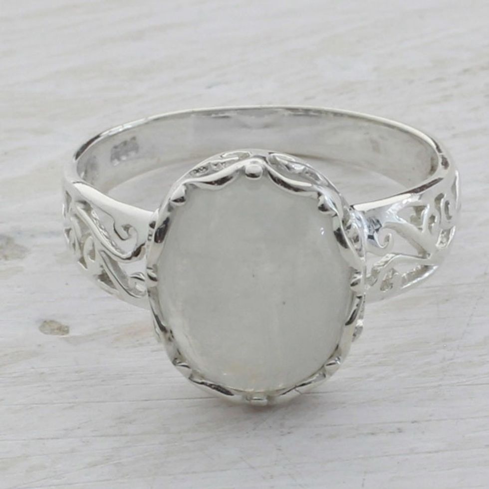 Rainbow Moonstone and 925 Silver Indian Jali Cocktail Ring 'Pure Ecstasy'