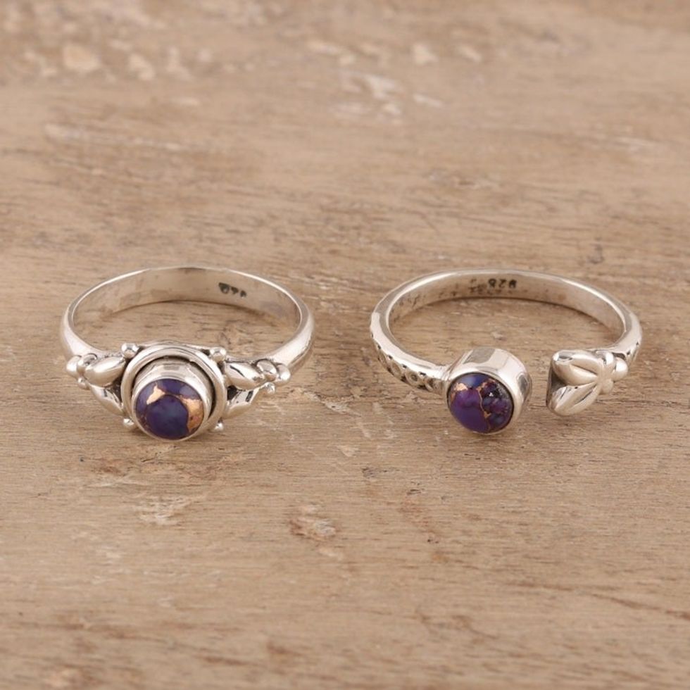 Purple Composite Turquoise and Sterling Silver Rings Pair 'Turquoise Beauty in Purple'