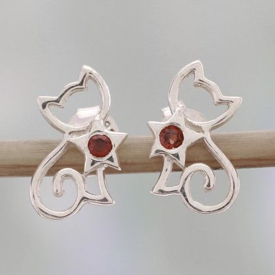 Alternate image for Garnet and Sterling Silver Kitty Cat Button Earrings Feline Delight