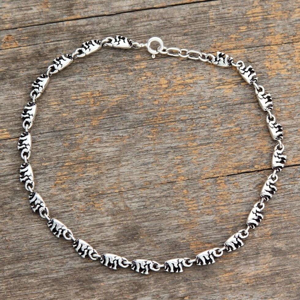 Sterling Silver Link Elephant Anklet Indian Jewelry 'Elephant Parade'