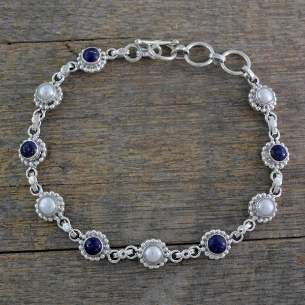 Alternate image for Cultured Pearl Floral Bracelet in Silver with Lapis Lazuli Petite Flowers