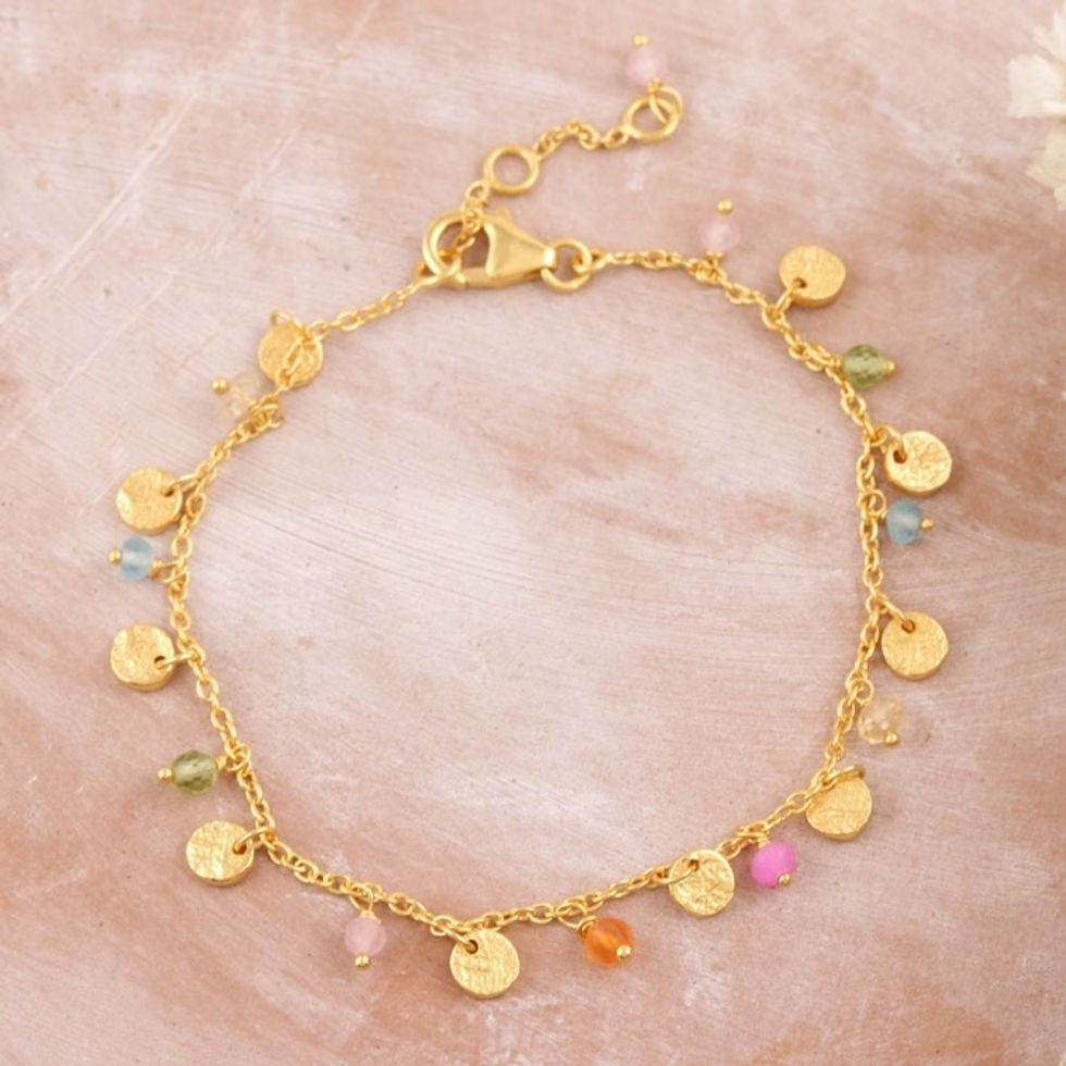 18k Gold Plated Multi Gemstone Charm Bracelet from India 'Dancing Candies'