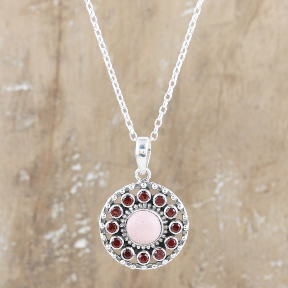 Opal and Garnet Sterling Silver Pendant Necklace from India 'Hope of the Persevering'