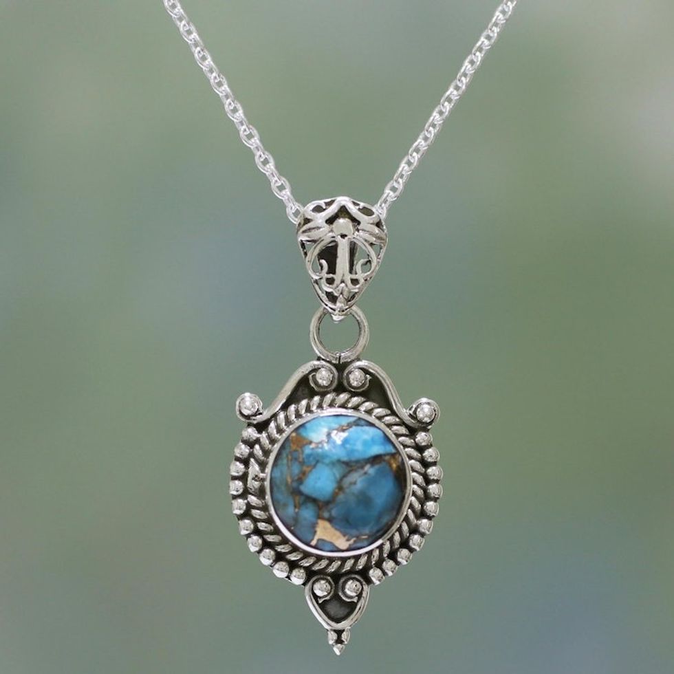 Sterling Silver and Composite Turquoise Necklace from India 'Dotted Elegance'