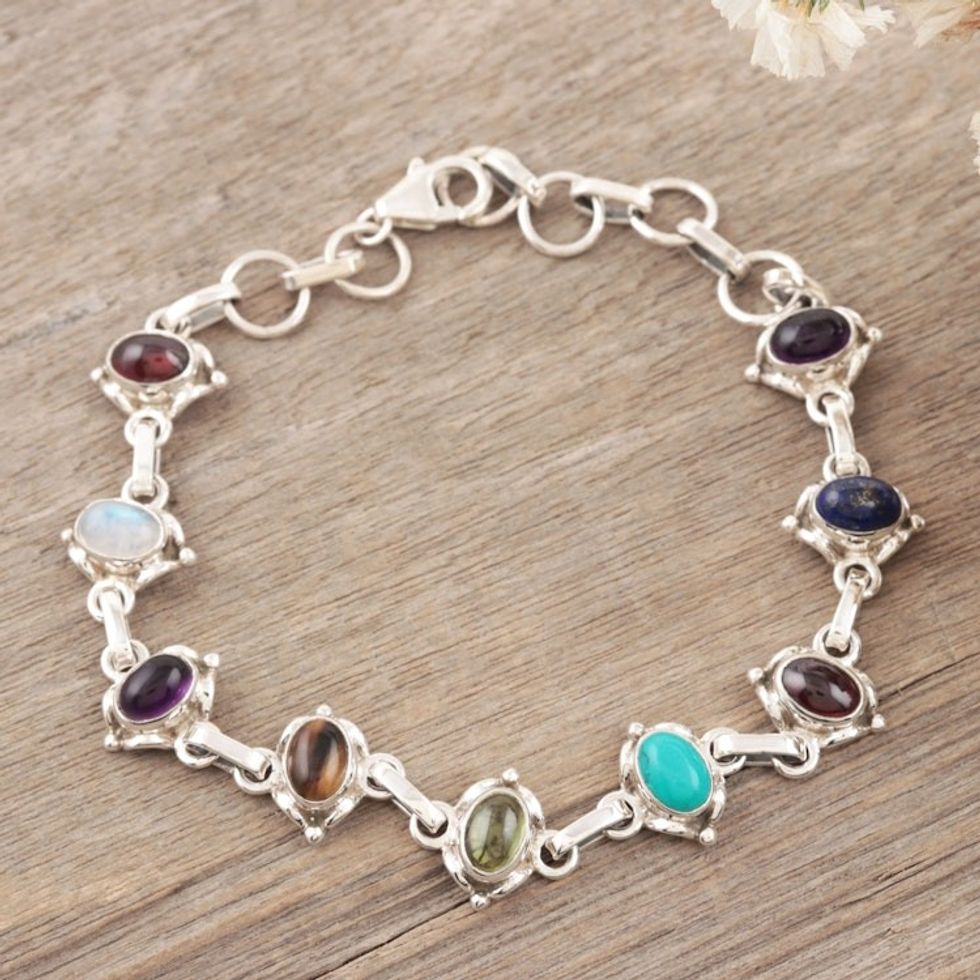 Sterling Silver Link Multigem Bracelet from India 'Color Medley'