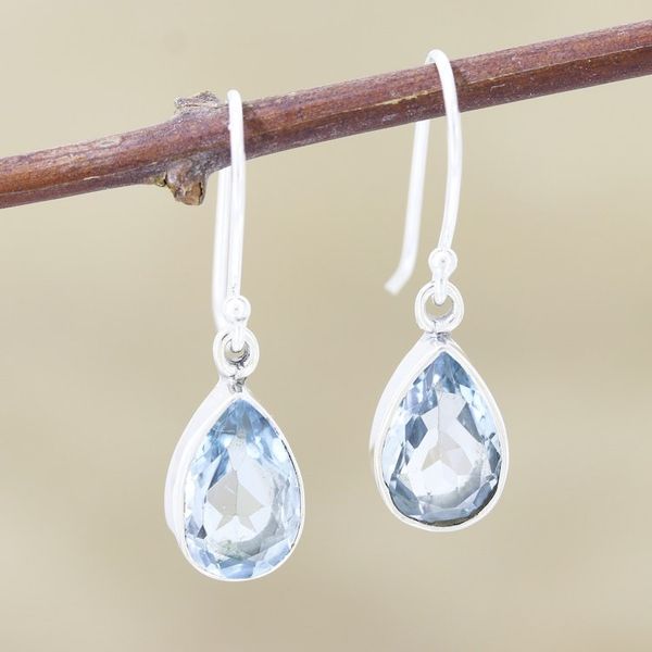 Alternate image for Teardrop Faceted Blue Topaz Silver Dangle Earrings Blue Droplets