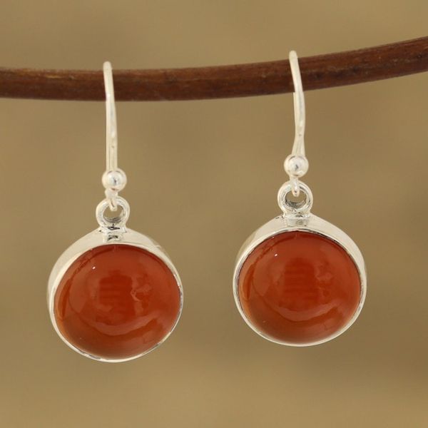 Alternate image for Round Carnelian Dangle Earrings from India Fiery Domes
