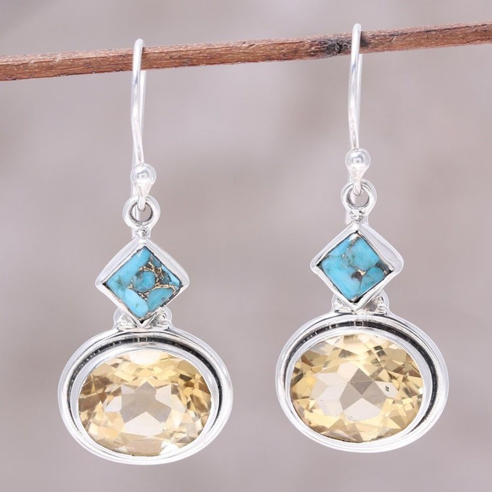 Nine-Carat Citrine and Composite Turquoise Earrings 'Watery Gold'