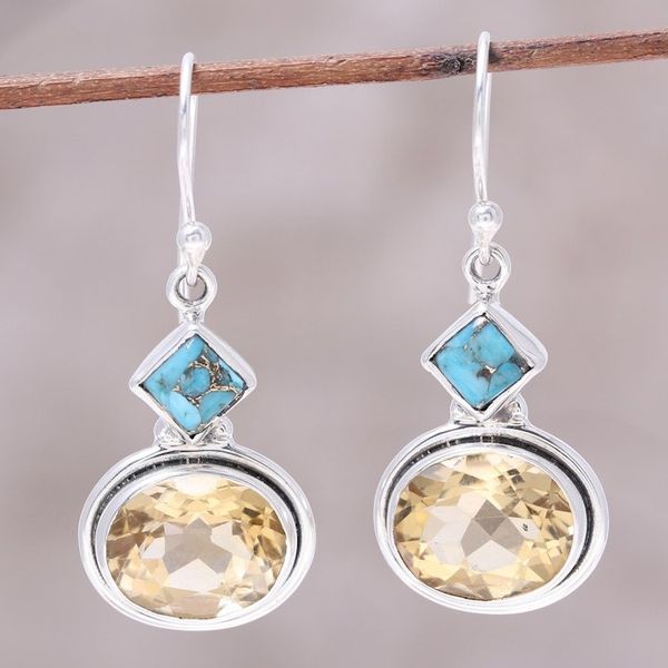 Alternate image for Nine-Carat Citrine and Composite Turquoise Earrings Watery Gold