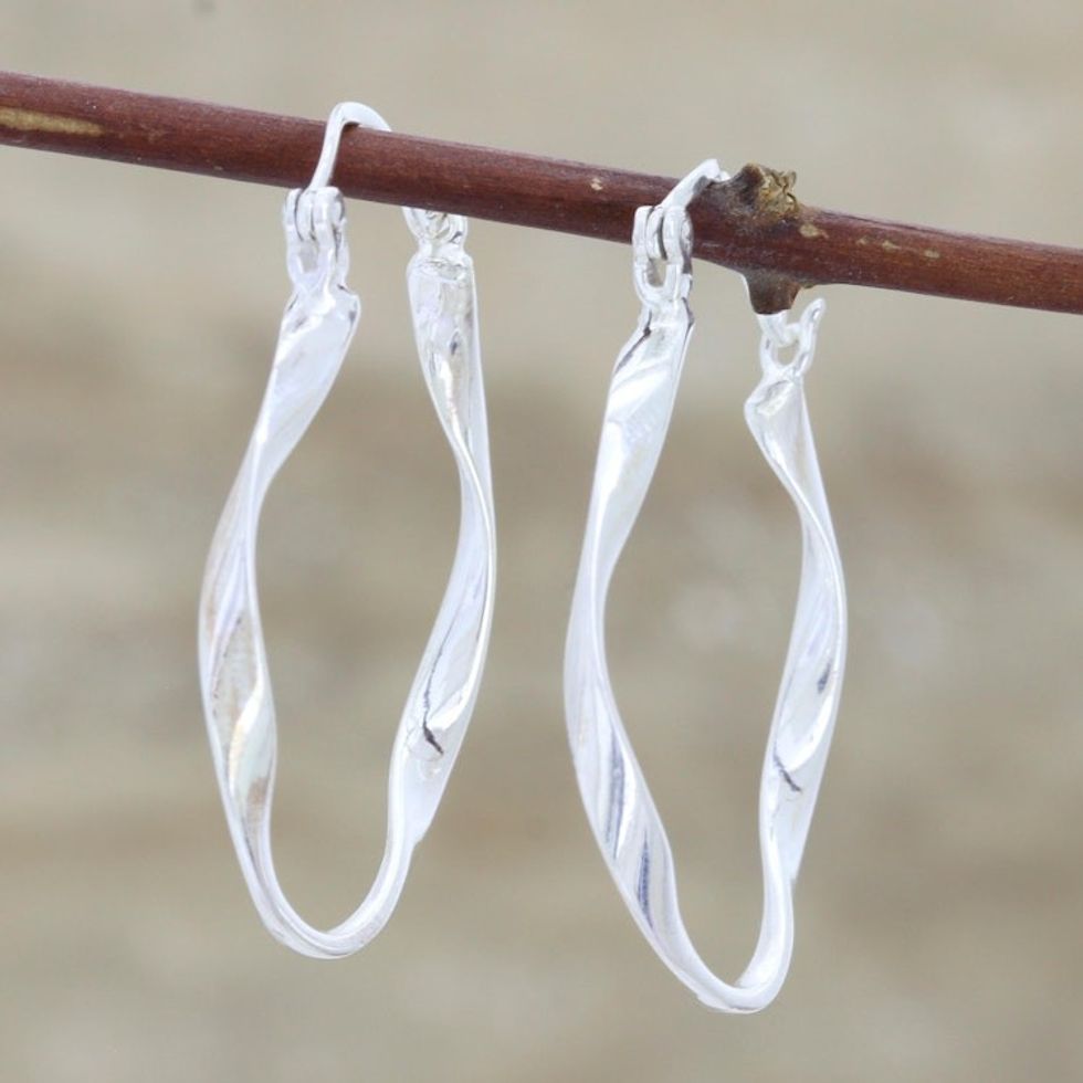 Unique Sterling Silver Twisted Hoop Earrings 'Sleek Ribbon'