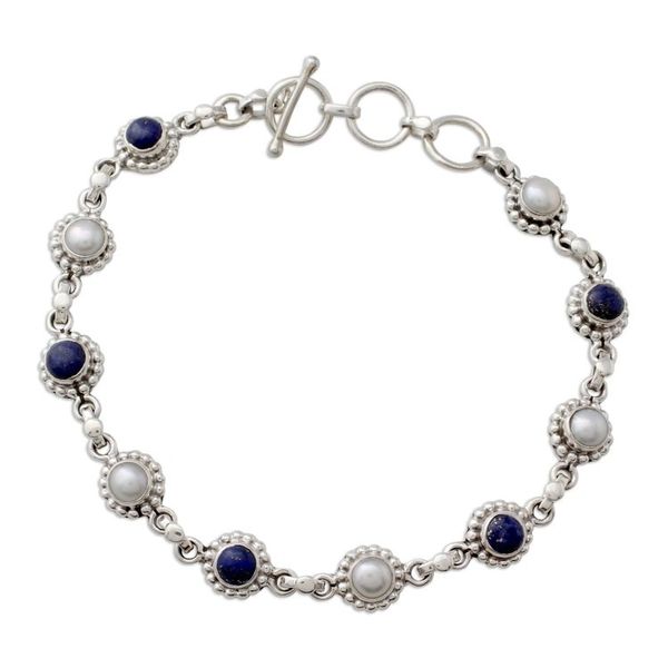 Alternate image for Cultured Pearl Floral Bracelet in Silver with Lapis Lazuli Petite Flowers