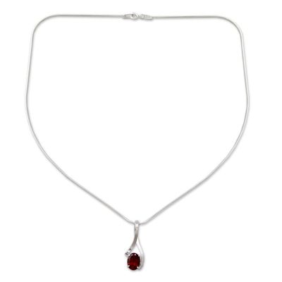 Alternate image for Handcrafted Indian Sterling Silver Pendant Garnet Necklace Love in a Ribbon