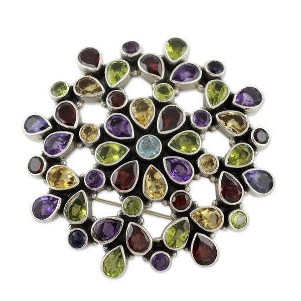 Alternate image for Amethyst Garnet Brooch Pin Blue Topaz Sterling Silver Summer Blossom