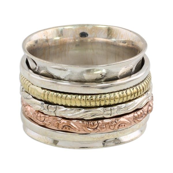 Alternate image for Sterling Silver Copper and Brass Textured Spinner Ring Five Senses
