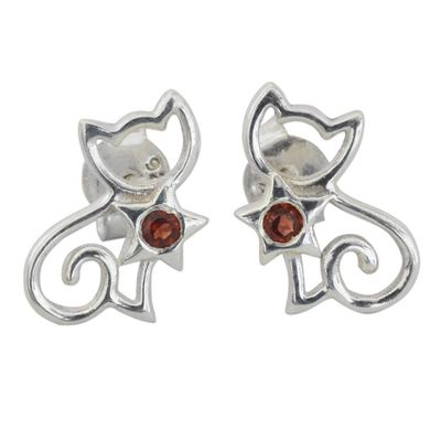 Alternate image for Garnet and Sterling Silver Kitty Cat Button Earrings Feline Delight