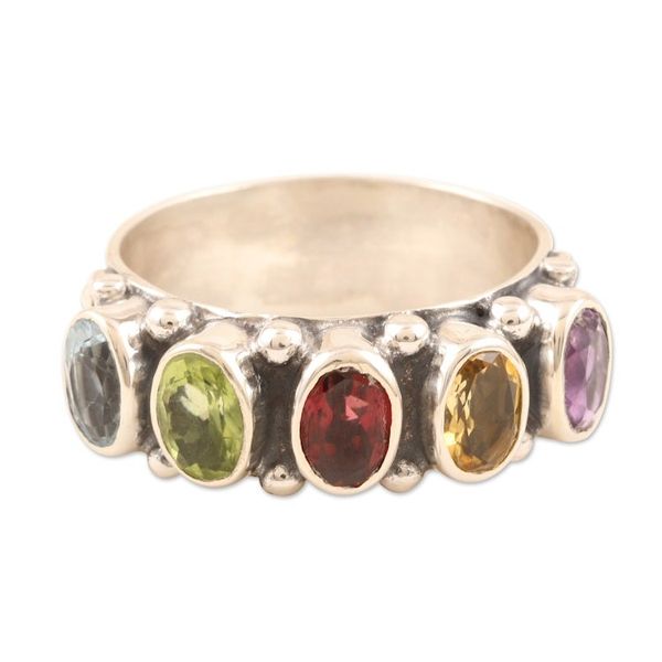Alternate image for Faceted Multi Gemstone Sterling Silver Cocktail Ring Rainbow Beauty
