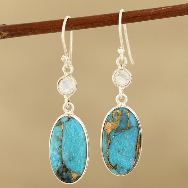 Alternate image for Rainbow Moonstone and Composite Turquoise Silver Earrings Celestial Light