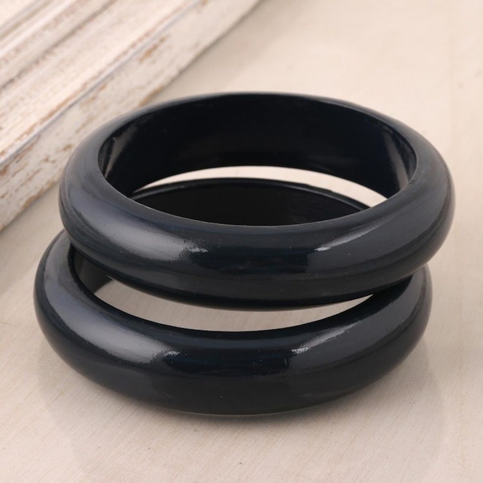 Haldu Wood Bangle Bracelets in Charcoal from India Pair 'Charcoal Duo'