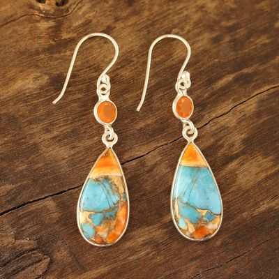Alternate image for Carnelian and Composite Turquoise Dangle Earrings from India Teardrop Glamour