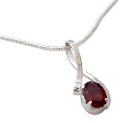 Alternate image for Handcrafted Indian Sterling Silver Pendant Garnet Necklace Love in a Ribbon