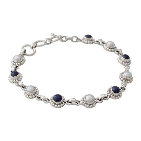 Alternate image for Cultured Pearl Floral Bracelet in Silver with Lapis Lazuli Petite Flowers