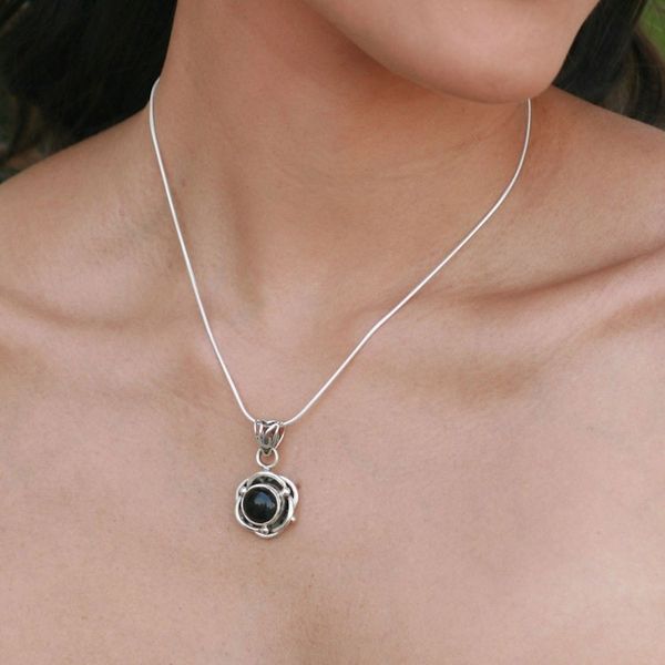 Alternate image for Onyx Pendant in Sterling Silver Necklace Flower Jewelry Black Rose