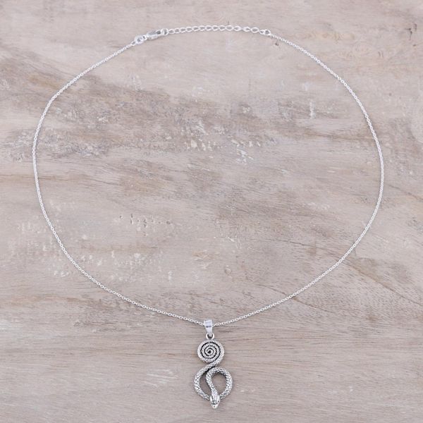Alternate image for Serpentine Snake Sterling Silver Pendant Necklace from India Serpent Swirl