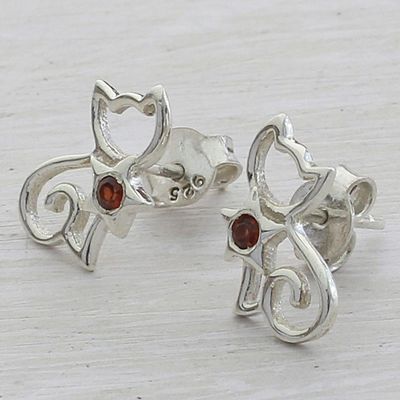 Alternate image for Garnet and Sterling Silver Kitty Cat Button Earrings Feline Delight
